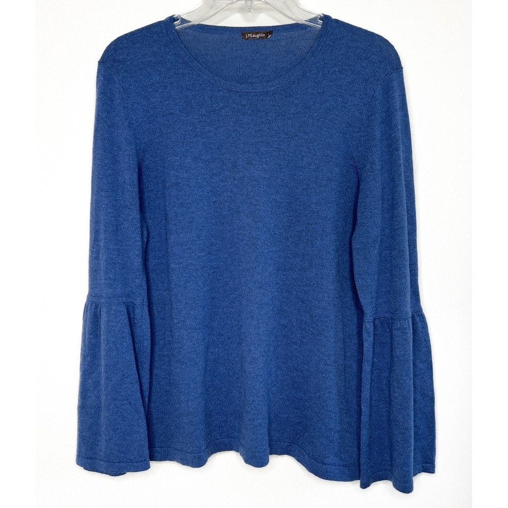 J McLaughlin Knit Lightweight Sweater Blue Long Bell Sleeve Cotton Cashmere Sz M